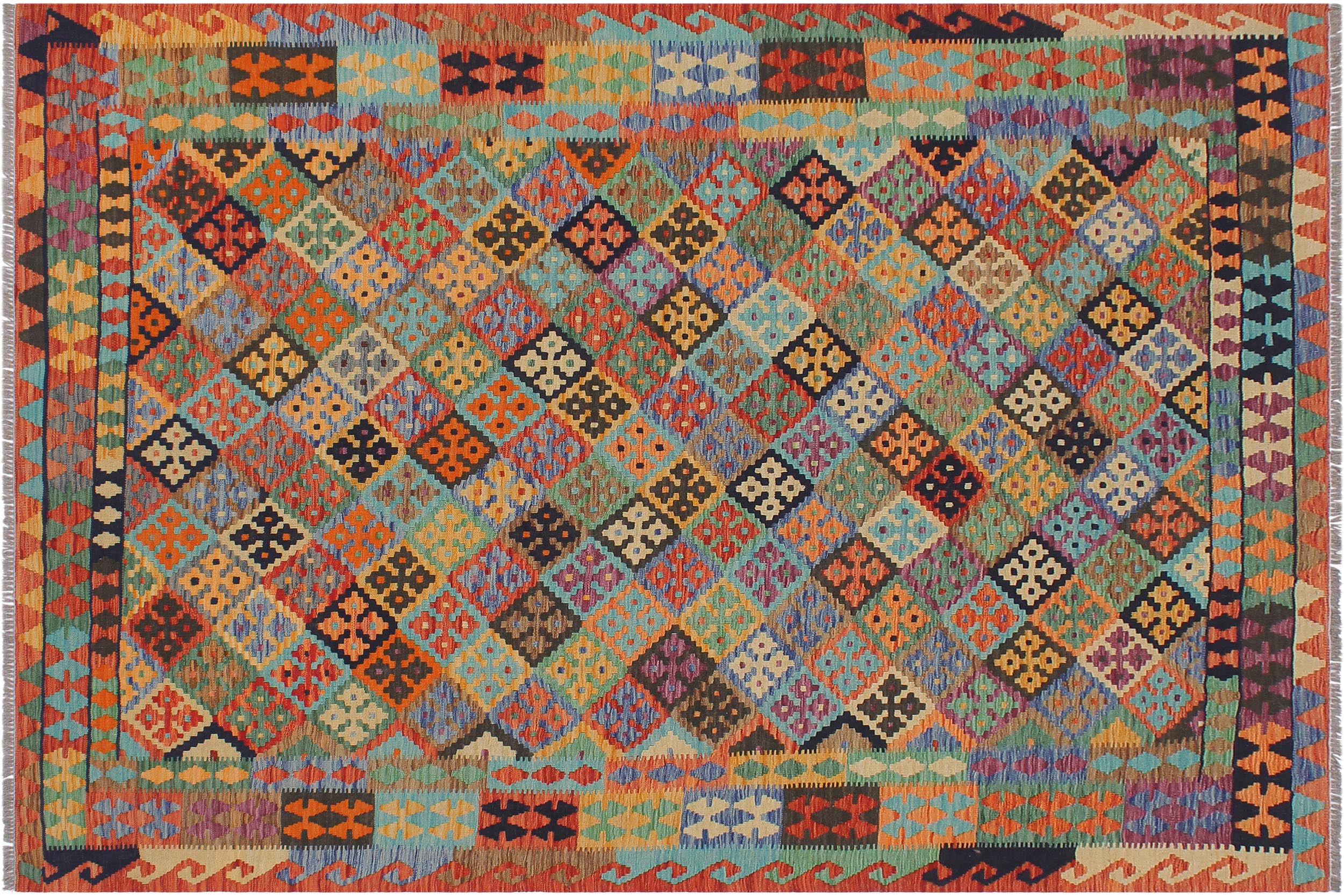 handmade Geometric Kilim Blue Rust Hand-Woven RECTANGLE 100% WOOL area rug 6 x 8