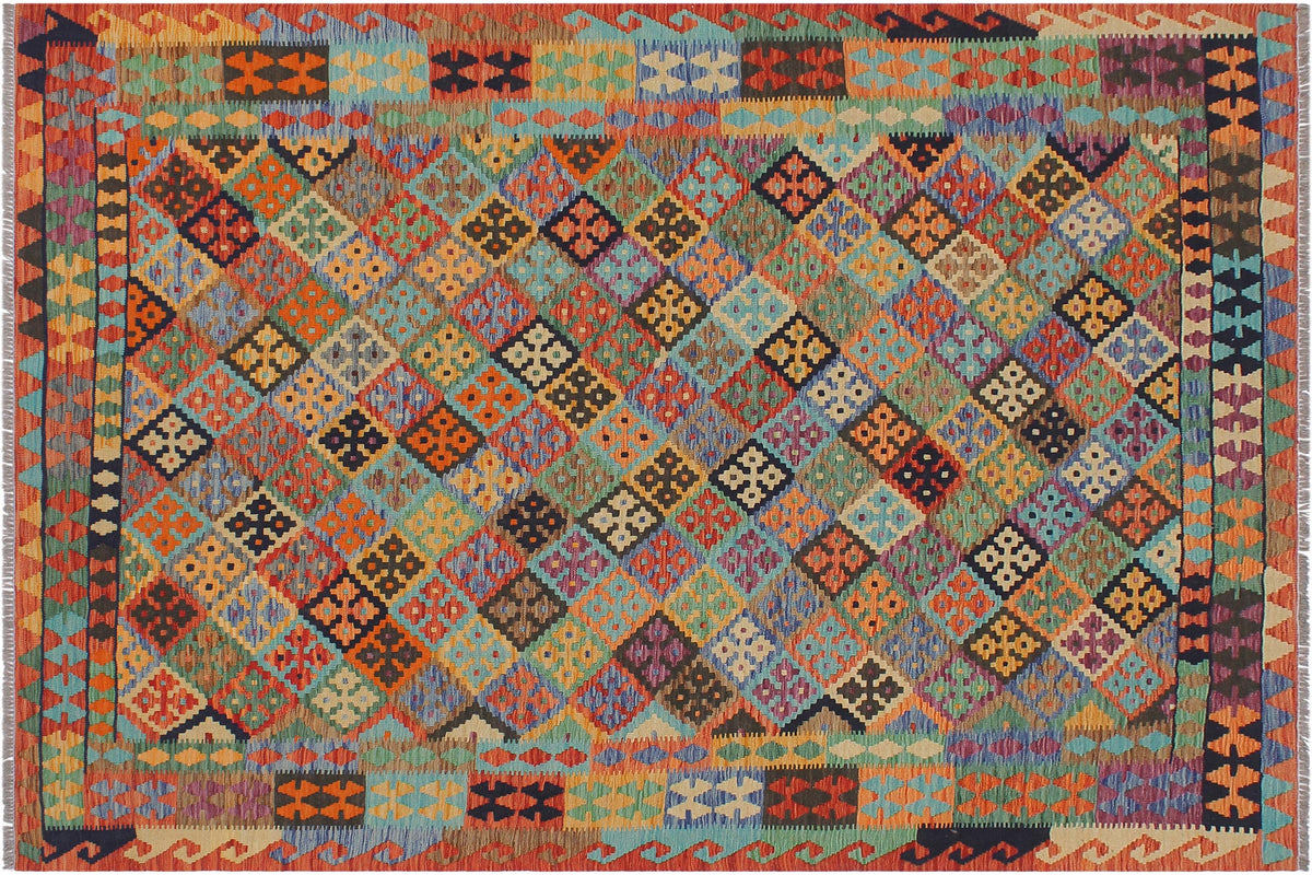 handmade Geometric Kilim Blue Rust Hand-Woven RECTANGLE 100% WOOL area rug 6 x 8