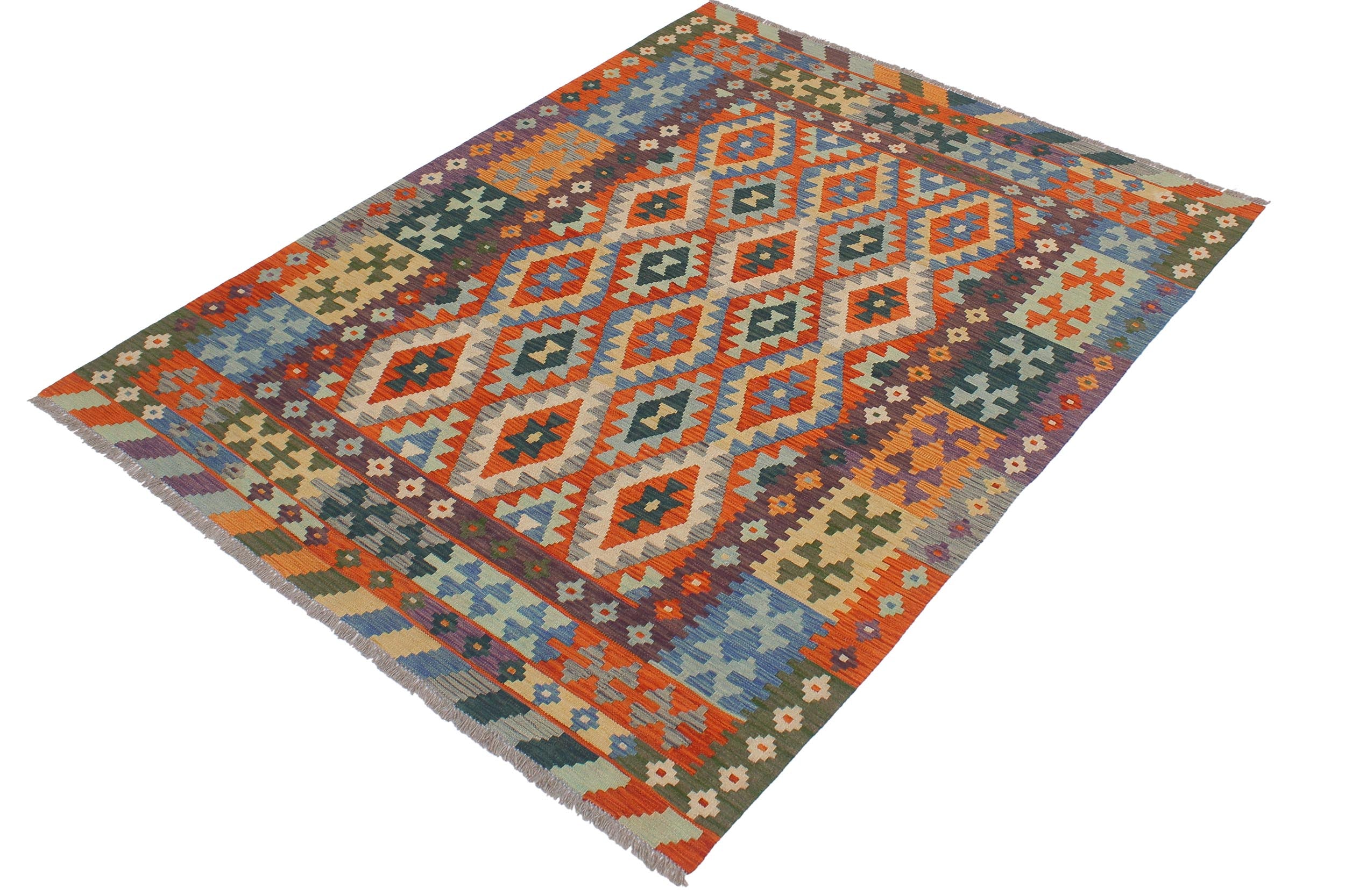 handmade Geometric Kilim Rust Blue Hand-Woven RECTANGLE 100% WOOL area rug 5 x 7