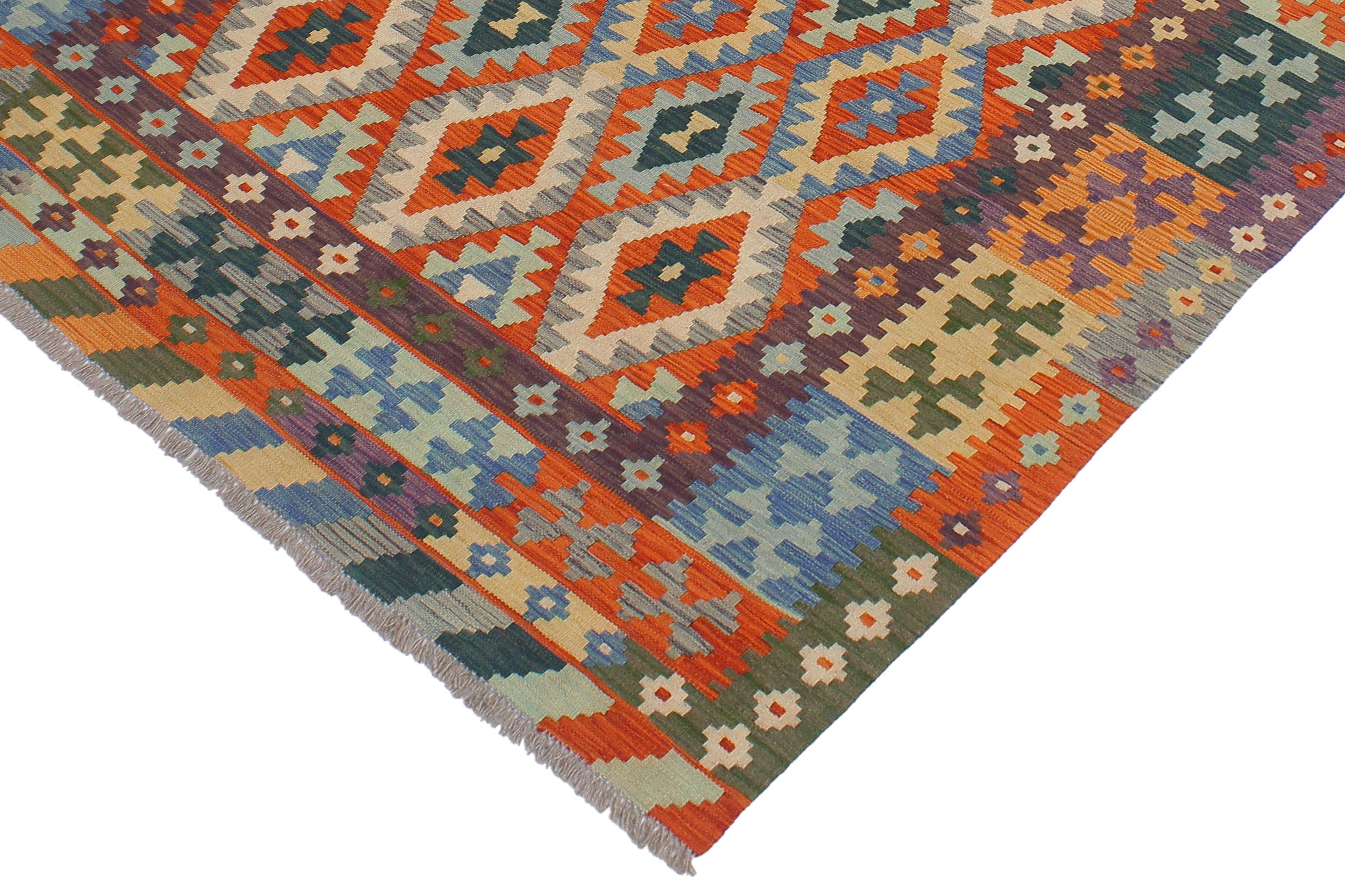 handmade Geometric Kilim Rust Blue Hand-Woven RECTANGLE 100% WOOL area rug 5 x 7
