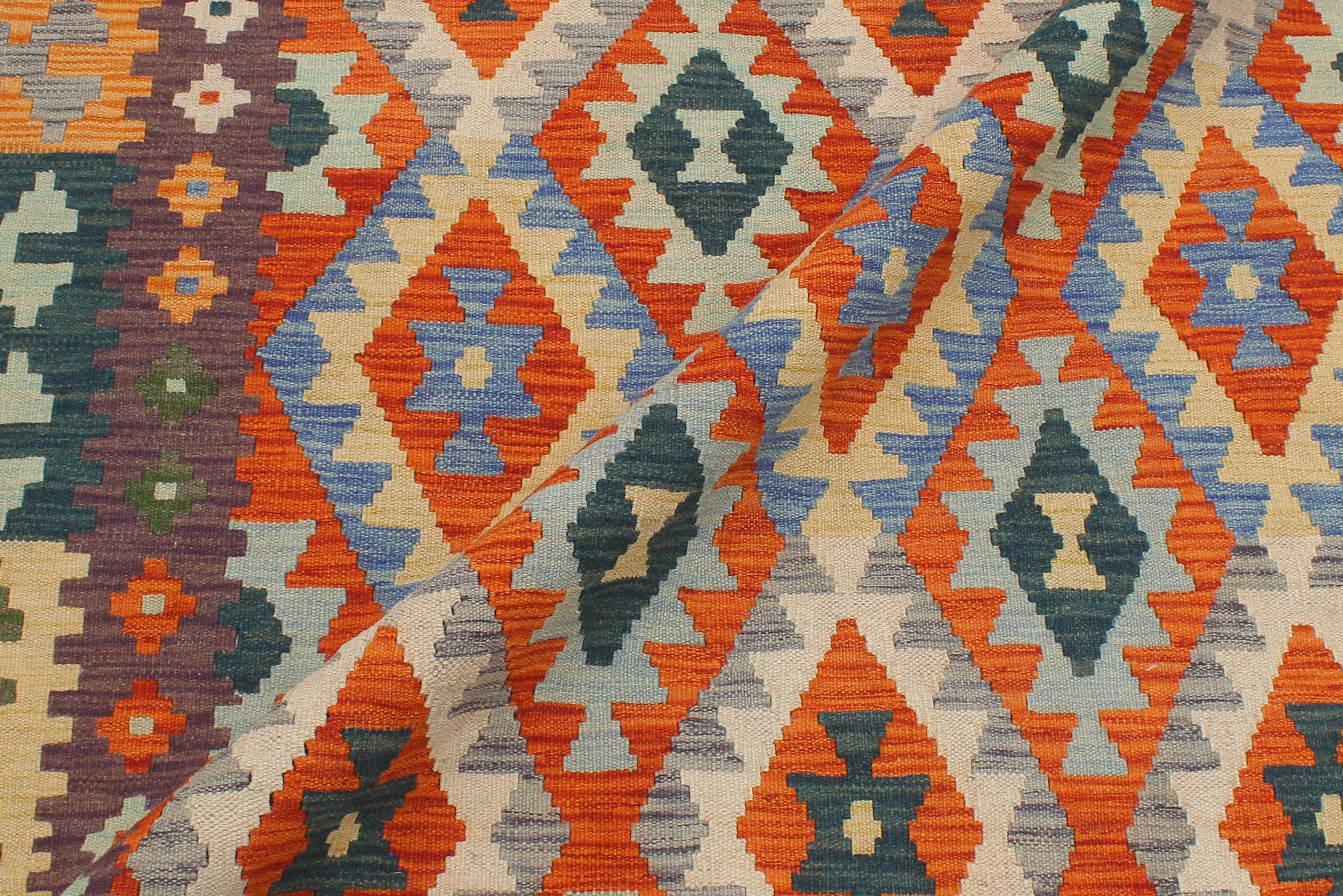handmade Geometric Kilim Rust Blue Hand-Woven RECTANGLE 100% WOOL area rug 5 x 7