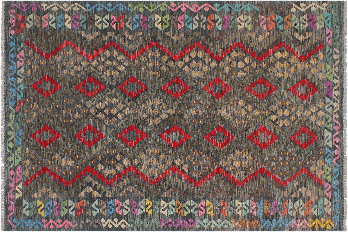 handmade Geometric Kilim Green Red Hand-Woven RECTANGLE 100% WOOL area rug 6 x 8