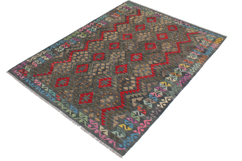 handmade Geometric Kilim Green Red Hand-Woven RECTANGLE 100% WOOL area rug 6 x 8