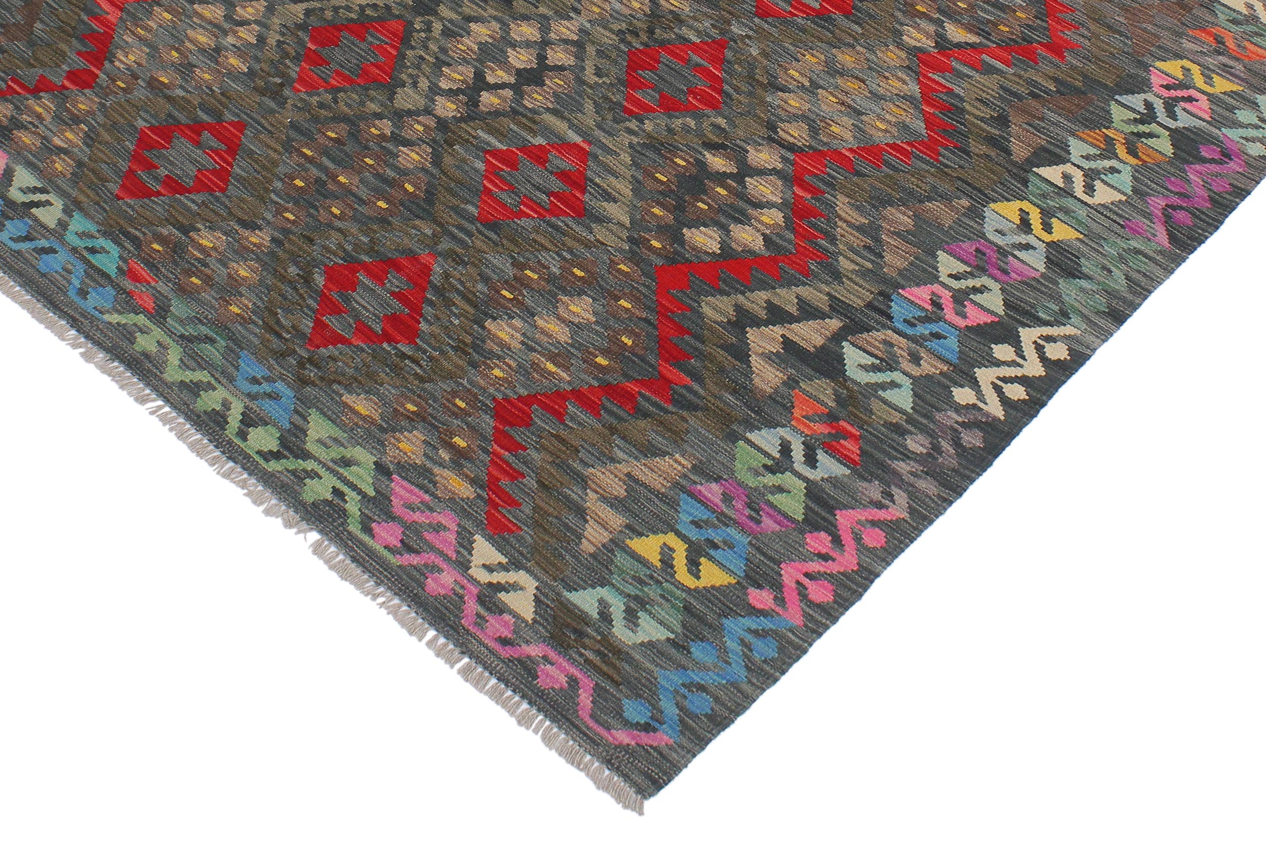 handmade Geometric Kilim Green Red Hand-Woven RECTANGLE 100% WOOL area rug 6 x 8