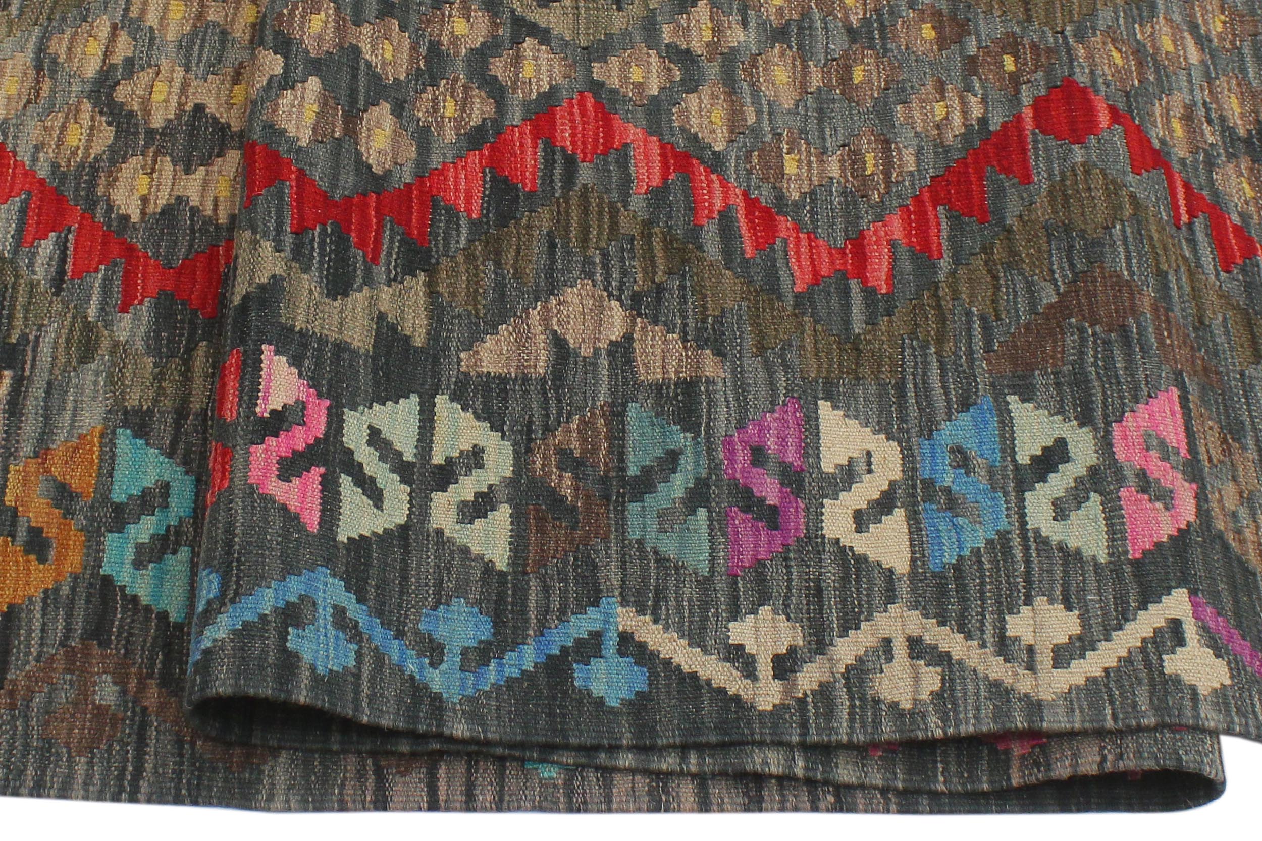 handmade Geometric Kilim Green Red Hand-Woven RECTANGLE 100% WOOL area rug 6 x 8