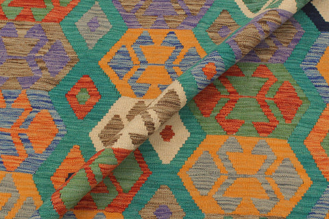 handmade Geometric Kilim Green Blue Hand-Woven RECTANGLE 100% WOOL area rug 6 x 8