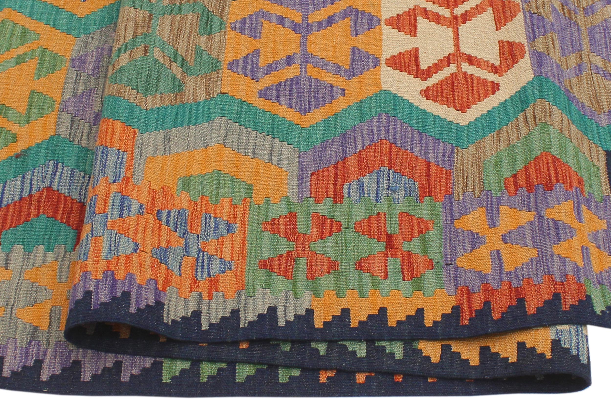 handmade Geometric Kilim Green Blue Hand-Woven RECTANGLE 100% WOOL area rug 6 x 8