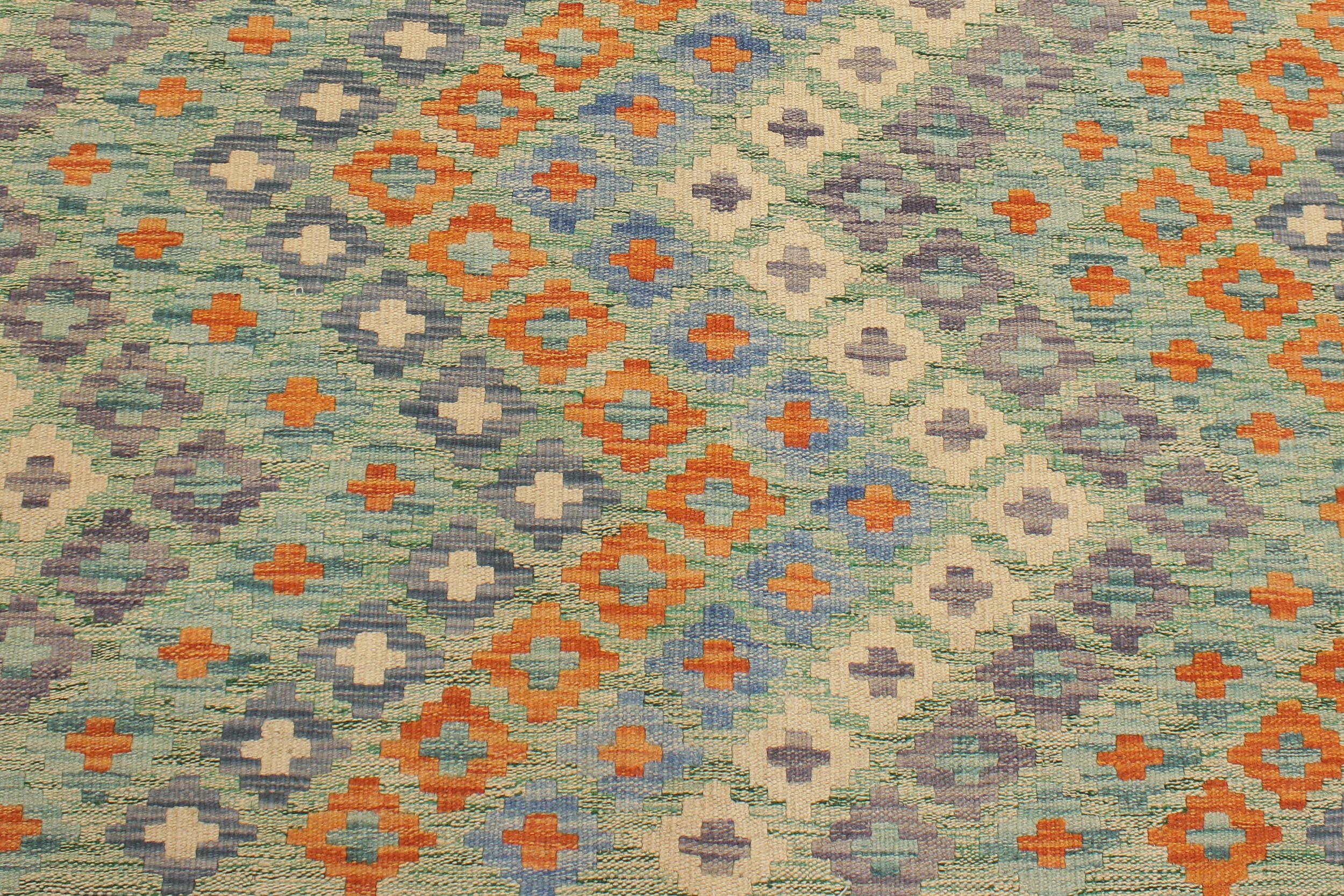 handmade Modern Kilim Green Blue Hand-Woven RECTANGLE 100% WOOL area rug 4x6