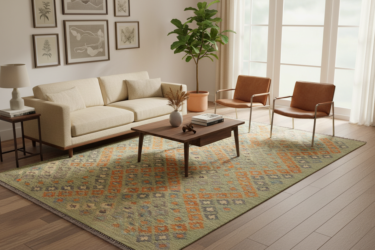 handmade Modern Kilim Green Blue Hand-Woven RECTANGLE 100% WOOL area rug 4x6