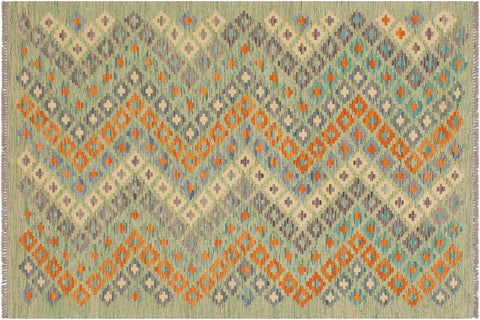 handmade Modern Kilim Green Blue Hand-Woven RECTANGLE 100% WOOL area rug 4x6