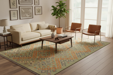 handmade Modern Kilim Green Blue Hand-Woven RECTANGLE 100% WOOL area rug 4x6