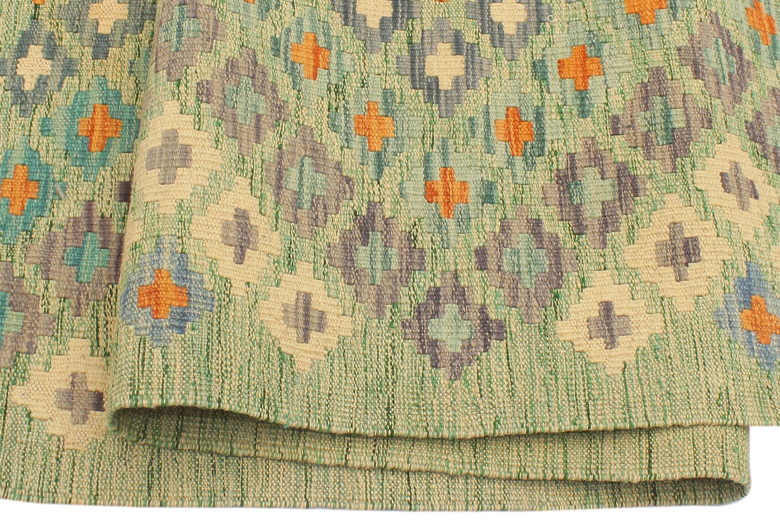 handmade Modern Kilim Green Blue Hand-Woven RECTANGLE 100% WOOL area rug 4x6