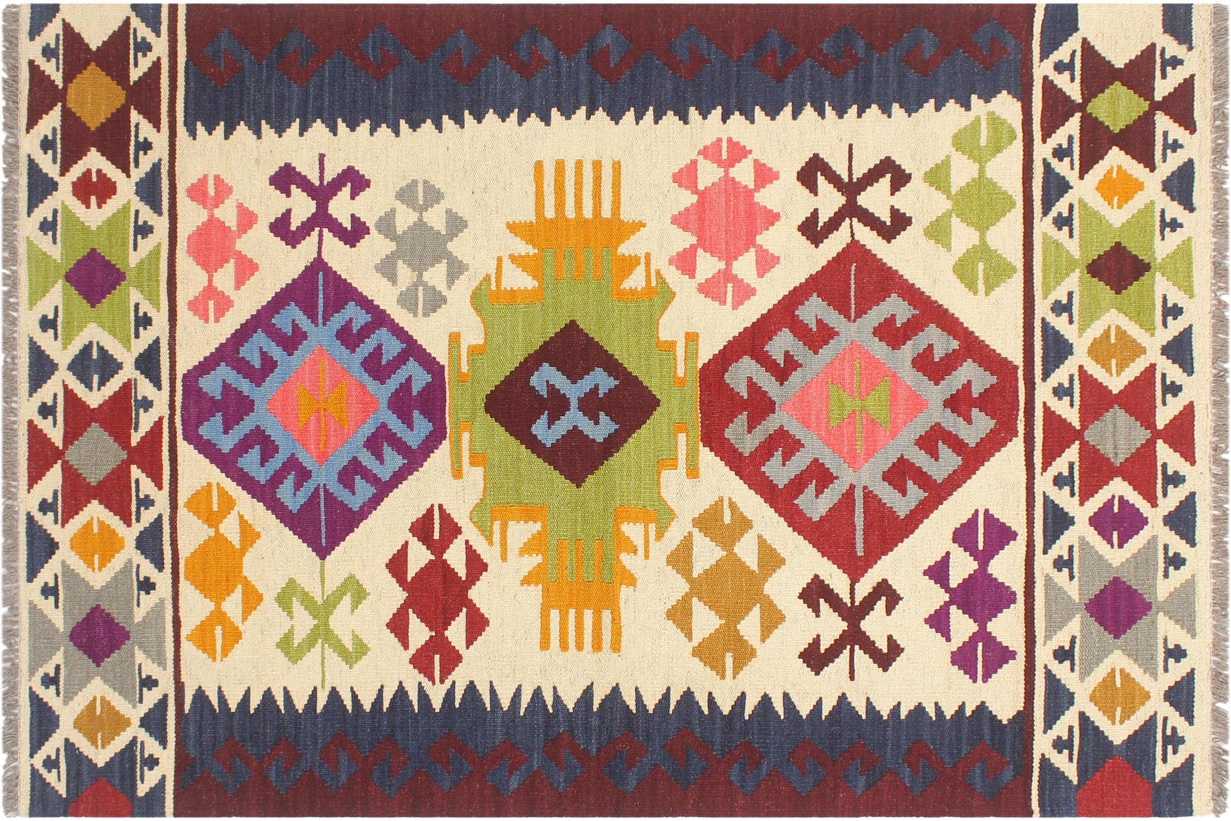 handmade Geometric Kilim Beige Red Hand-Woven RECTANGLE 100% WOOL area rug 4' x 5'
