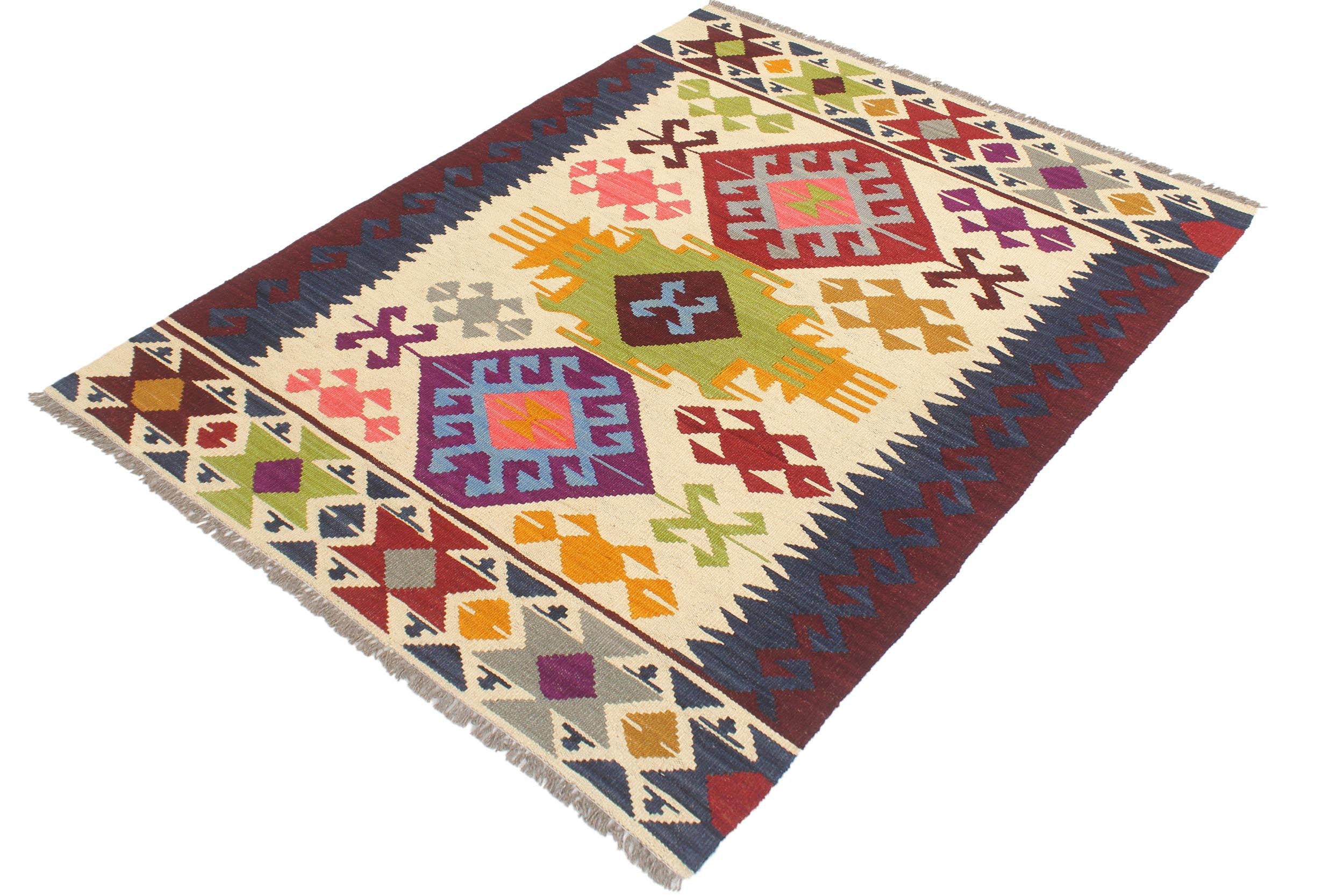 handmade Geometric Kilim Beige Red Hand-Woven RECTANGLE 100% WOOL area rug 4' x 5'