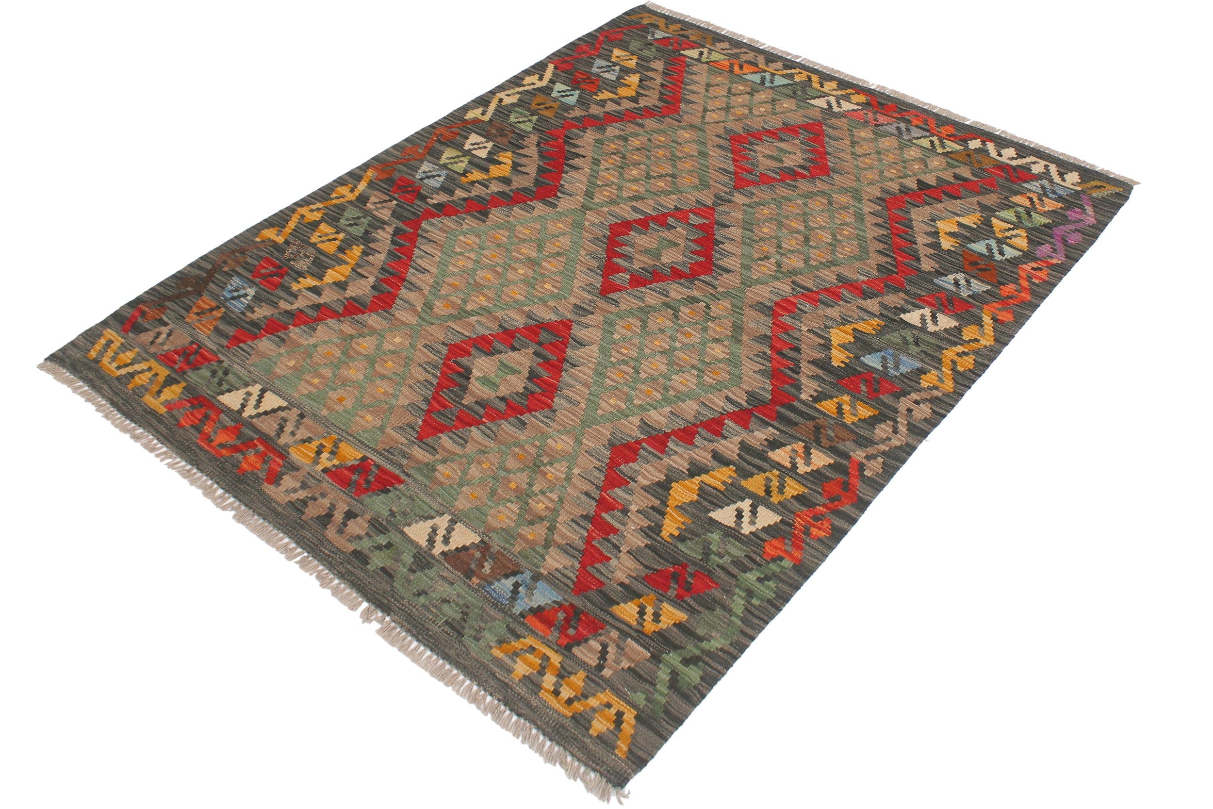 handmade Geometric Kilim Red Green Hand-Woven RECTANGLE 100% WOOL area rug 4' x 5'