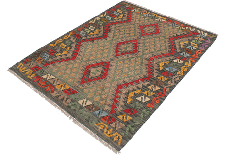 handmade Geometric Kilim Red Green Hand-Woven RECTANGLE 100% WOOL area rug 4' x 5'