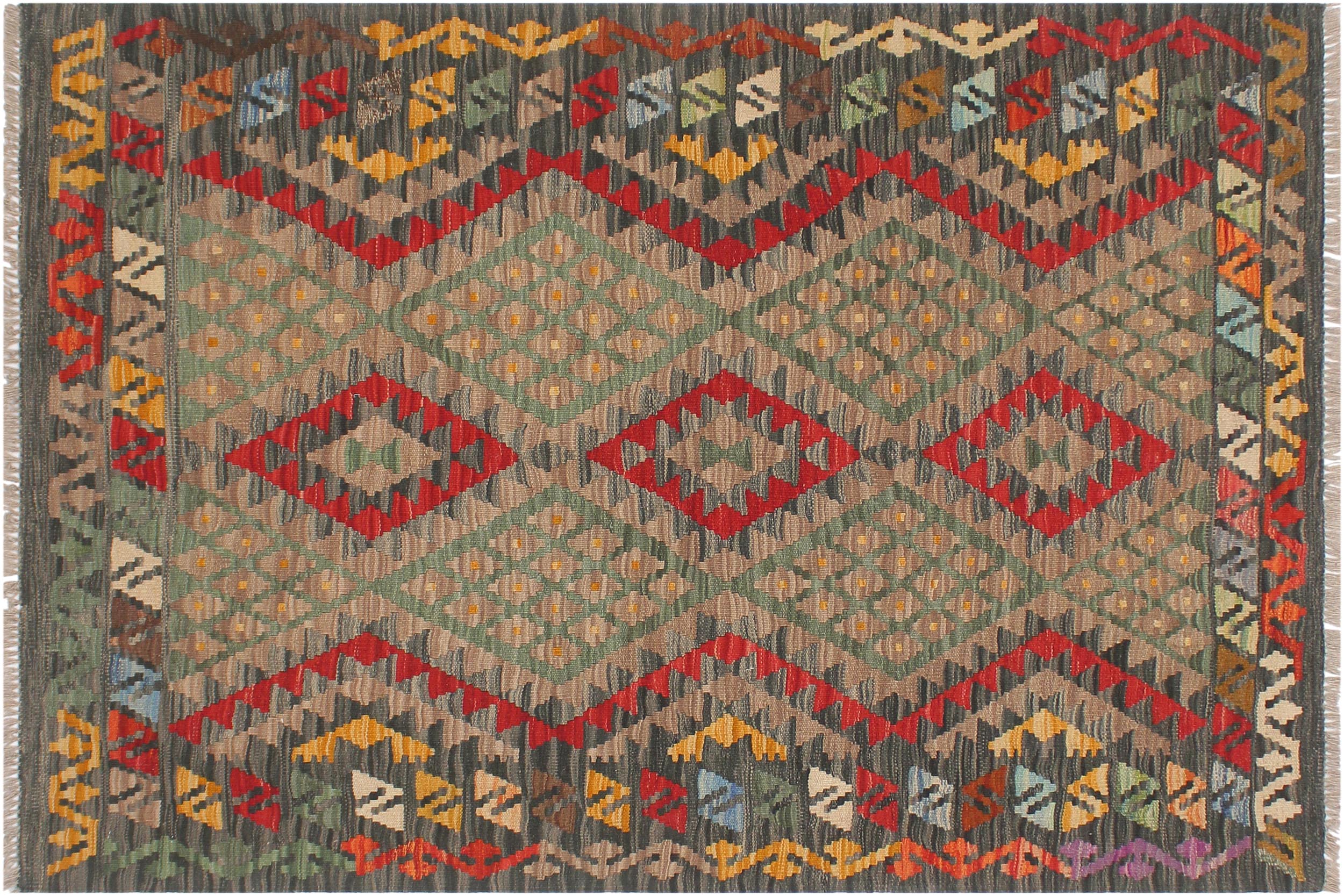 handmade Geometric Kilim Red Green Hand-Woven RECTANGLE 100% WOOL area rug 4' x 5'