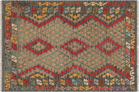 handmade Geometric Kilim Red Green Hand-Woven RECTANGLE 100% WOOL area rug 4' x 5'
