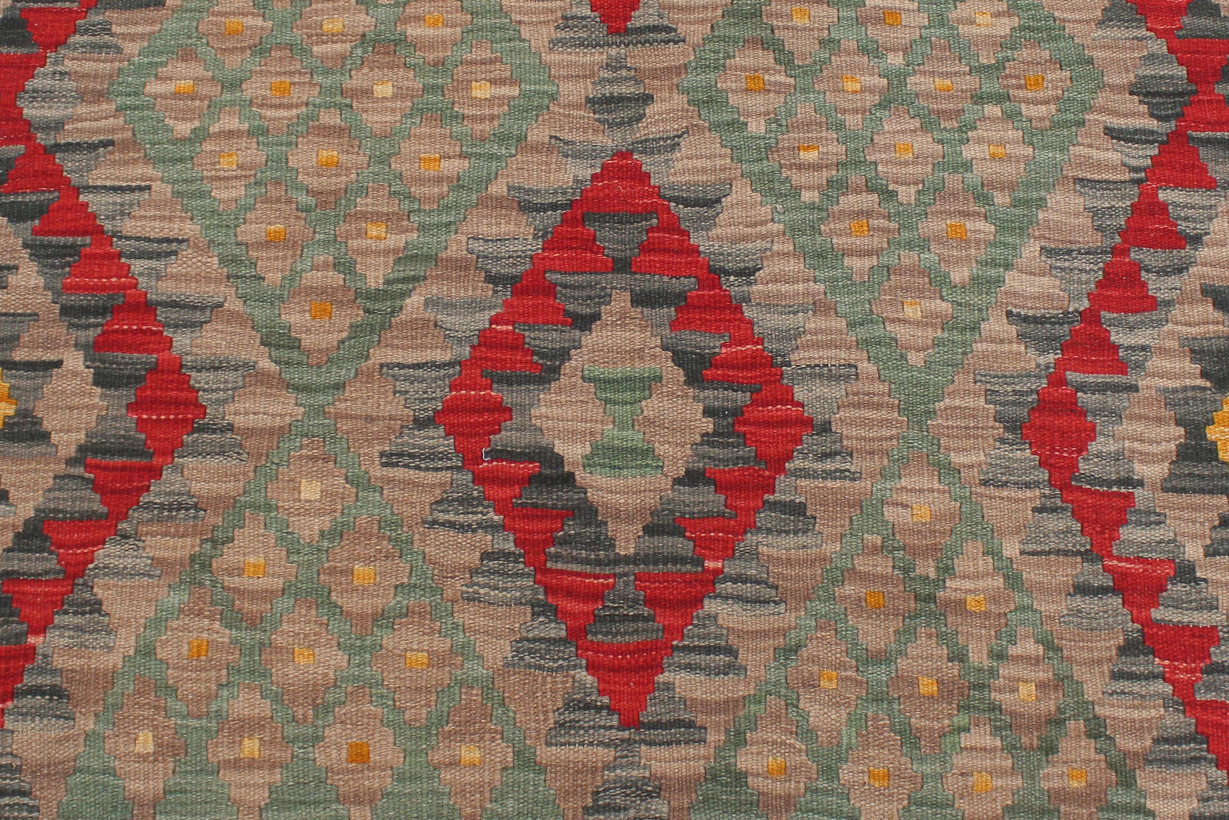 handmade Geometric Kilim Red Green Hand-Woven RECTANGLE 100% WOOL area rug 4' x 5'