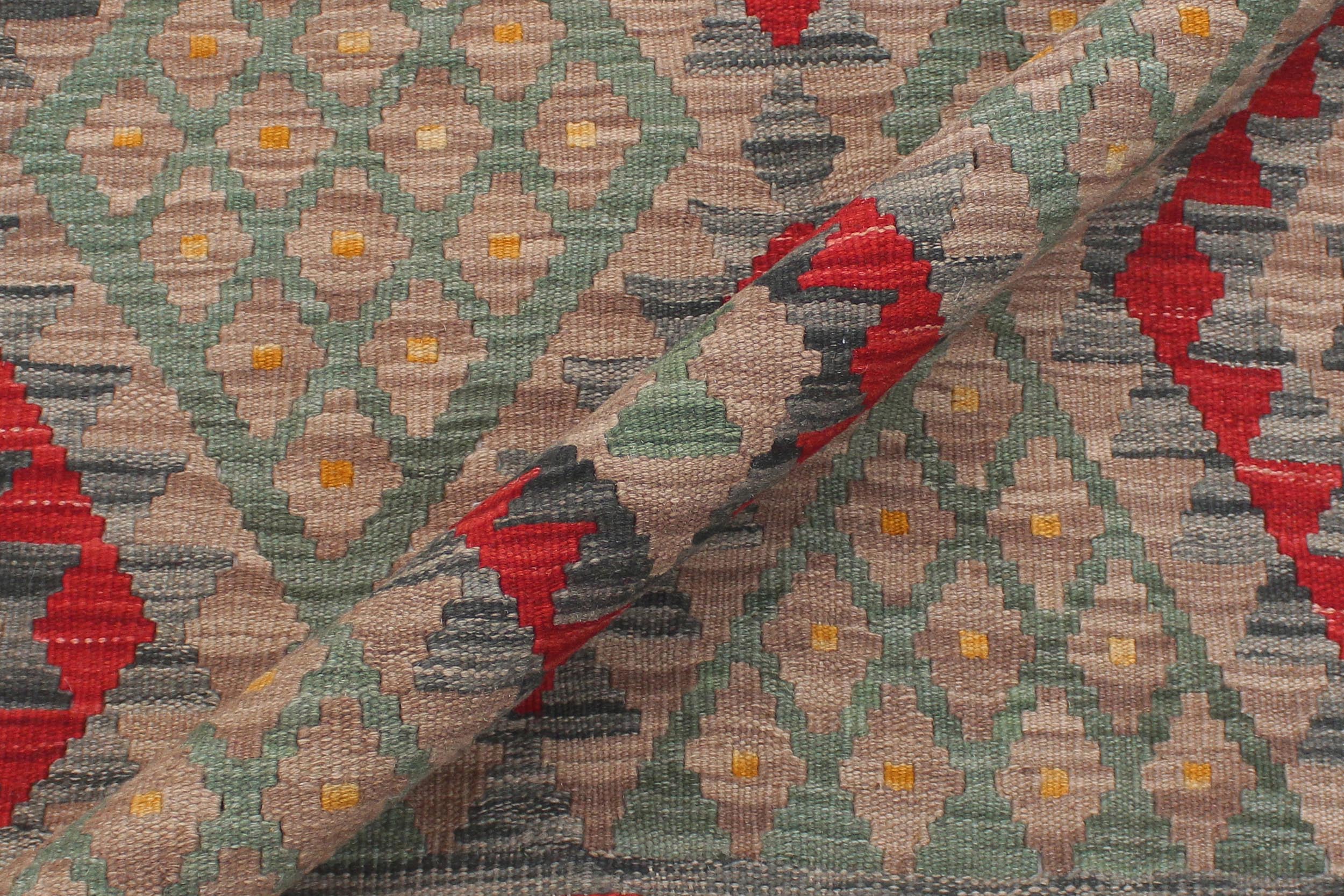 handmade Geometric Kilim Red Green Hand-Woven RECTANGLE 100% WOOL area rug 4' x 5'