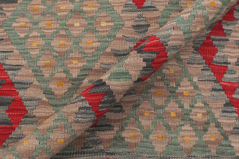 handmade Geometric Kilim Red Green Hand-Woven RECTANGLE 100% WOOL area rug 4' x 5'