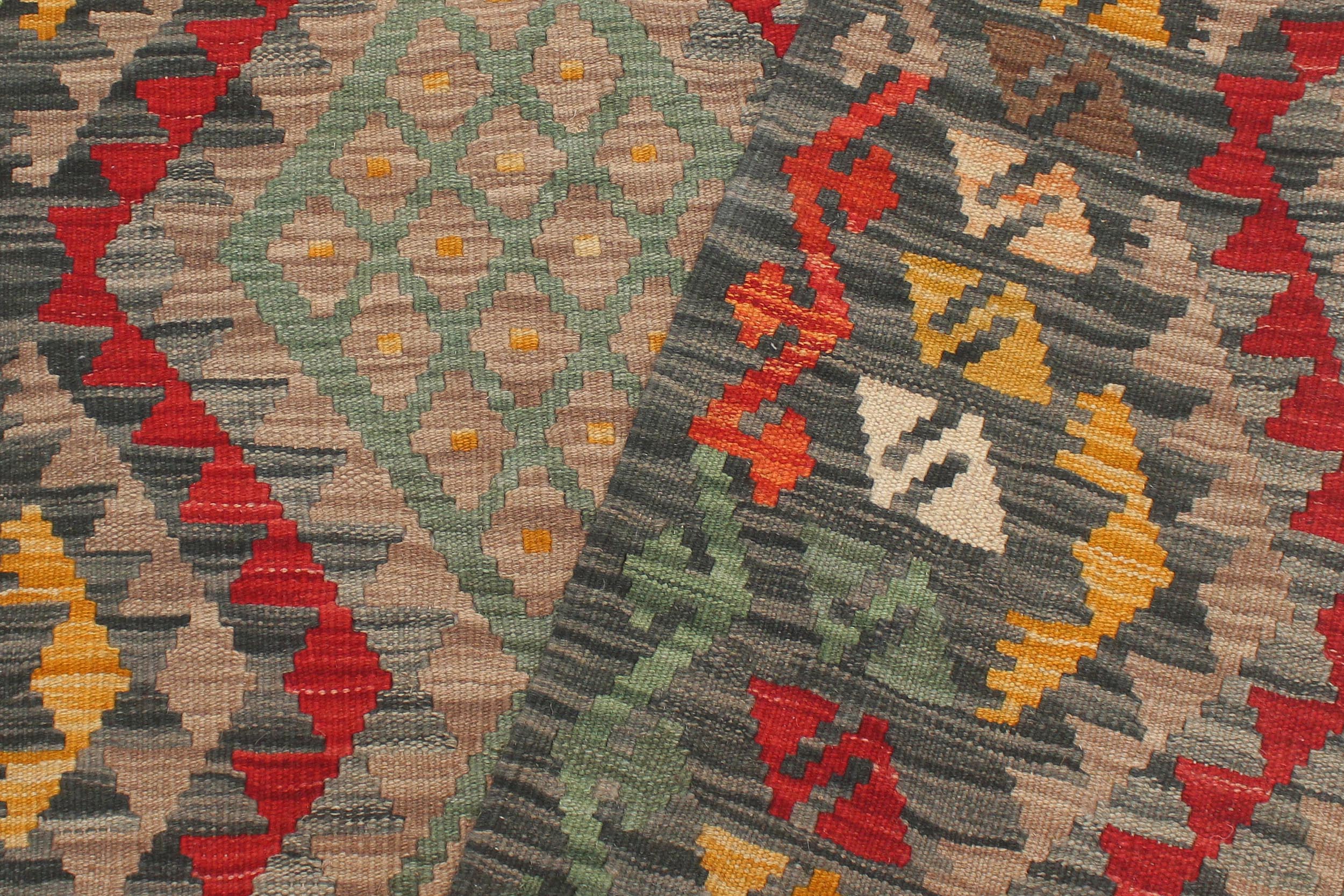 handmade Geometric Kilim Red Green Hand-Woven RECTANGLE 100% WOOL area rug 4' x 5'