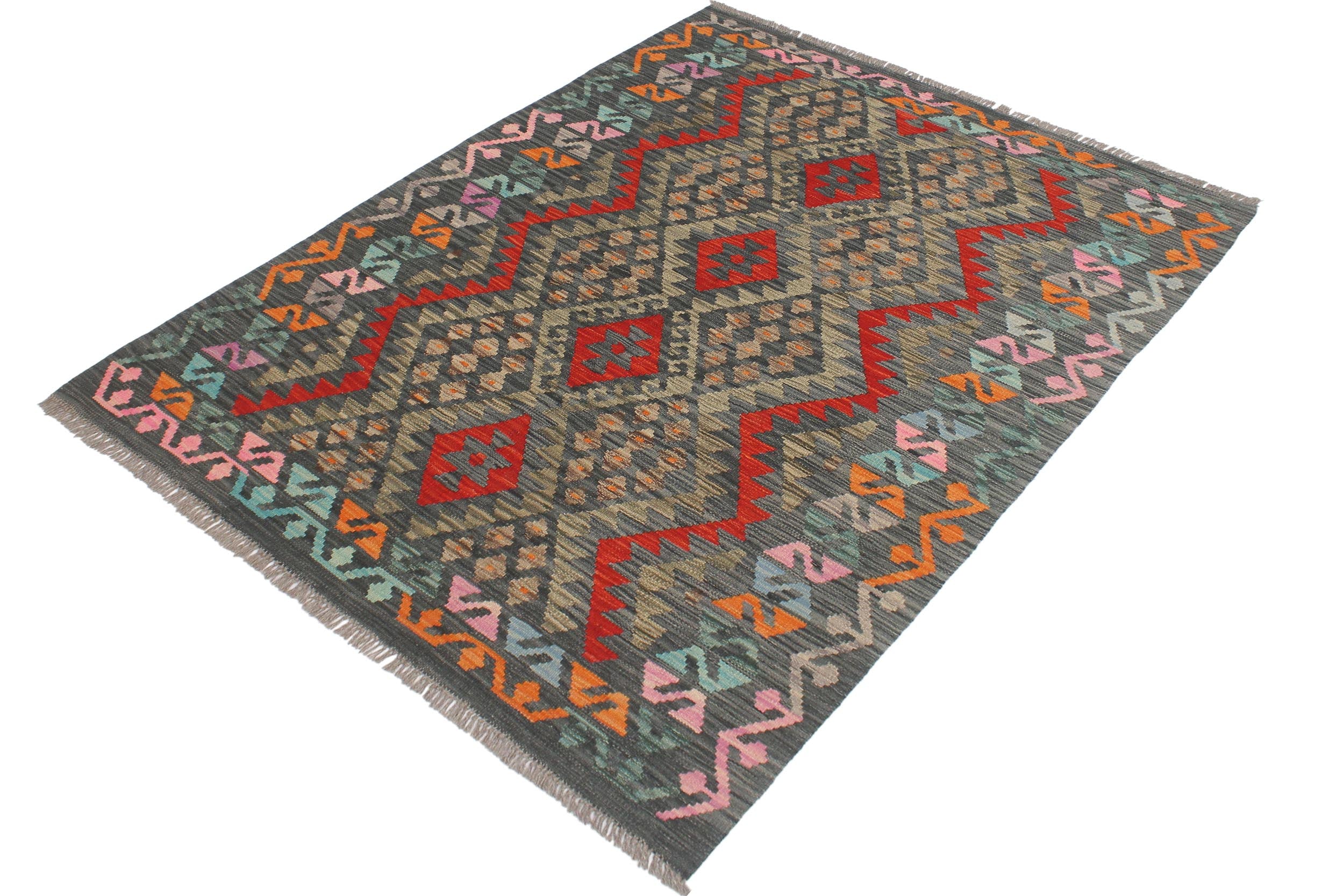 handmade Geometric Kilim Charcoal Red Hand-Woven RECTANGLE 100% WOOL area rug 4' x 6'