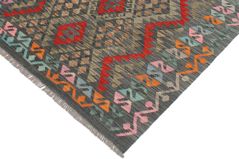 handmade Geometric Kilim Charcoal Red Hand-Woven RECTANGLE 100% WOOL area rug 4' x 6'