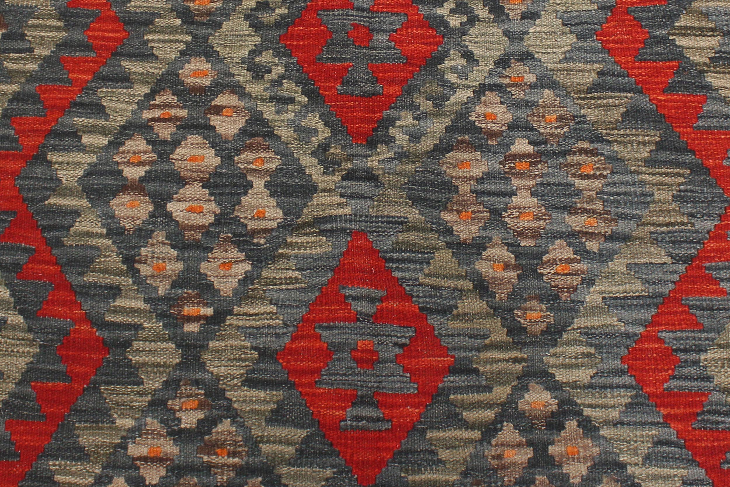 handmade Geometric Kilim Charcoal Red Hand-Woven RECTANGLE 100% WOOL area rug 4' x 6'