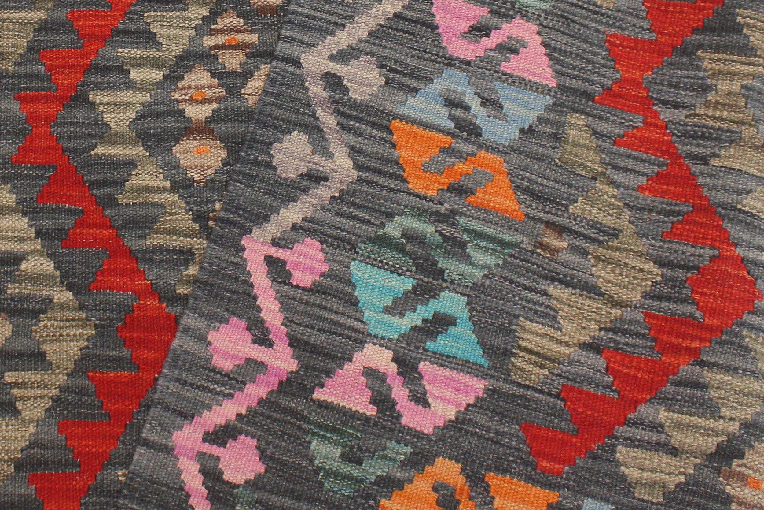 handmade Geometric Kilim Charcoal Red Hand-Woven RECTANGLE 100% WOOL area rug 4' x 6'