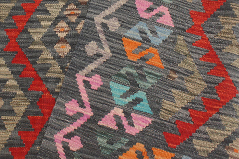 handmade Geometric Kilim Charcoal Red Hand-Woven RECTANGLE 100% WOOL area rug 4' x 6'