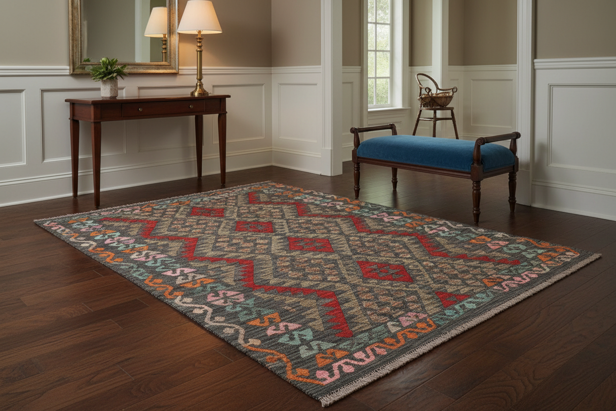 handmade Geometric Kilim Charcoal Red Hand-Woven RECTANGLE 100% WOOL area rug 4' x 6'