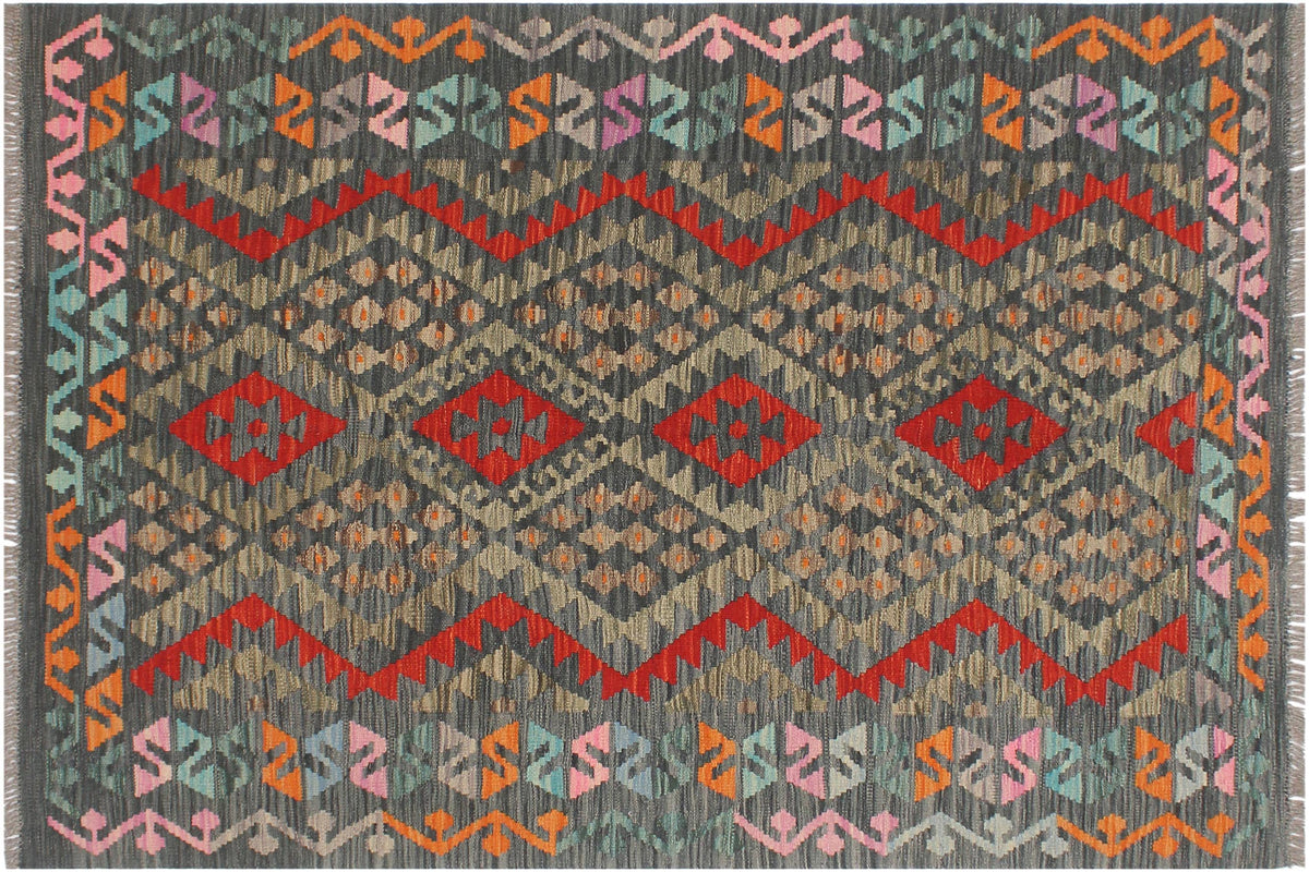 handmade Geometric Kilim Charcoal Red Hand-Woven RECTANGLE 100% WOOL area rug 4' x 6'