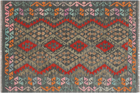 handmade Geometric Kilim Charcoal Red Hand-Woven RECTANGLE 100% WOOL area rug 4' x 6'