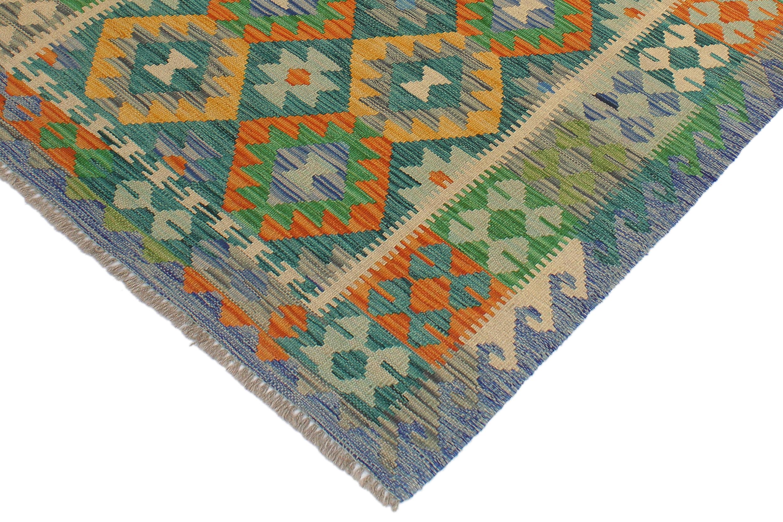 handmade Geometric Kilim Green Blue Hand-Woven RECTANGLE 100% WOOL area rug 3 x 5