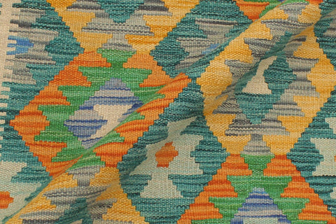 handmade Geometric Kilim Green Blue Hand-Woven RECTANGLE 100% WOOL area rug 3 x 5