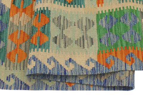 handmade Geometric Kilim Green Blue Hand-Woven RECTANGLE 100% WOOL area rug 3 x 5