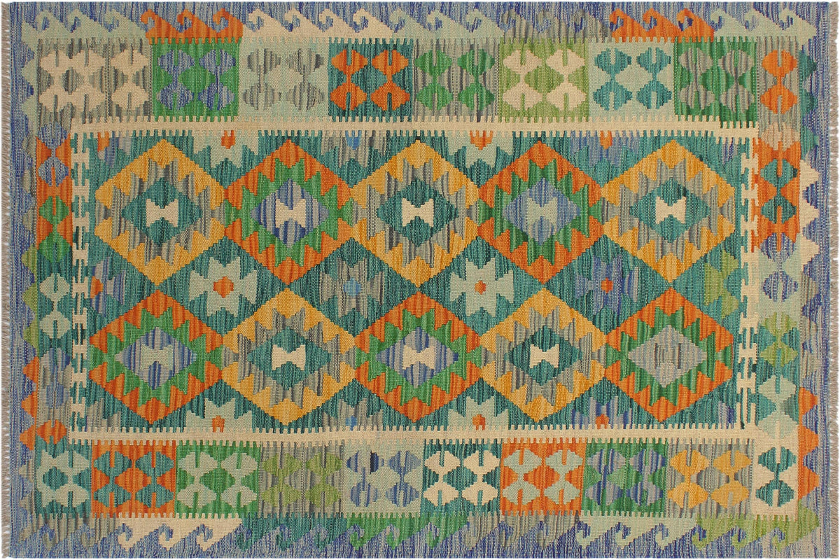 handmade Geometric Kilim Green Blue Hand-Woven RECTANGLE 100% WOOL area rug 3 x 5