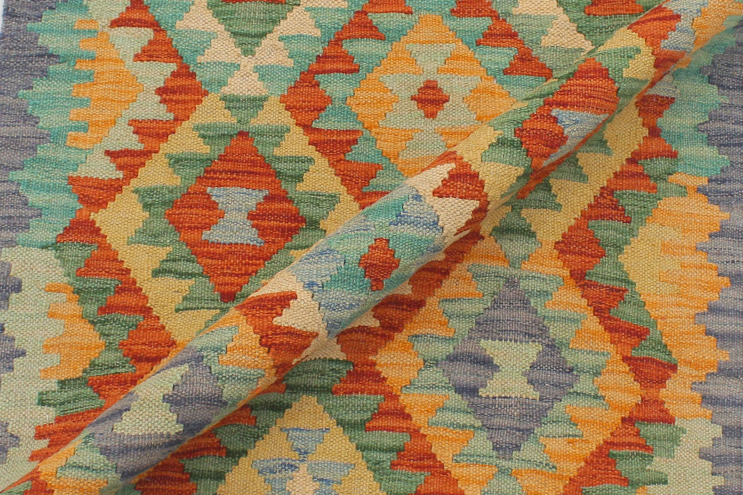 handmade Geometric Kilim Rust Blue Hand-Woven RUNNER 100% WOOL area rug 2 x 6