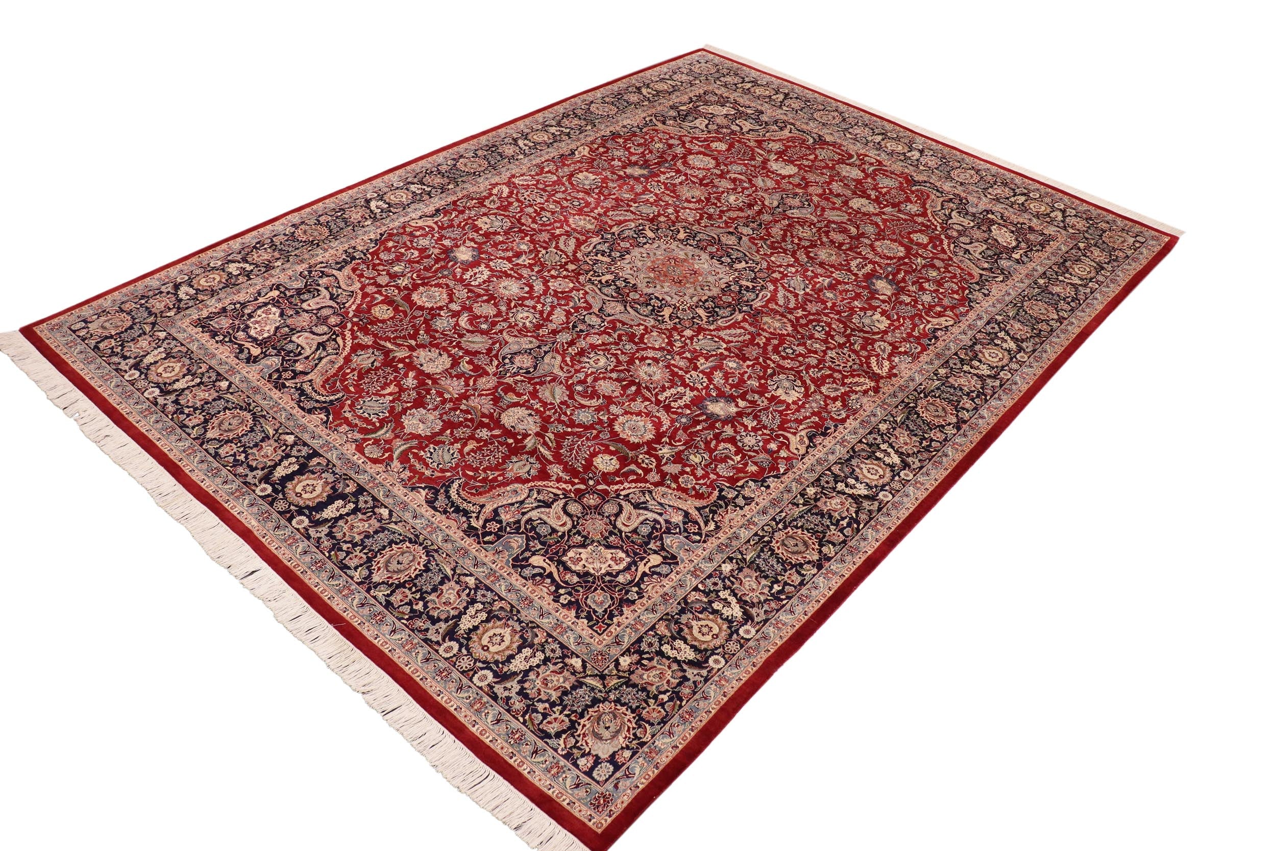 handmade Traditional Kazveen Red Blue Hand Knotted RECTANGLE WOOL&SILK area rug 10x14