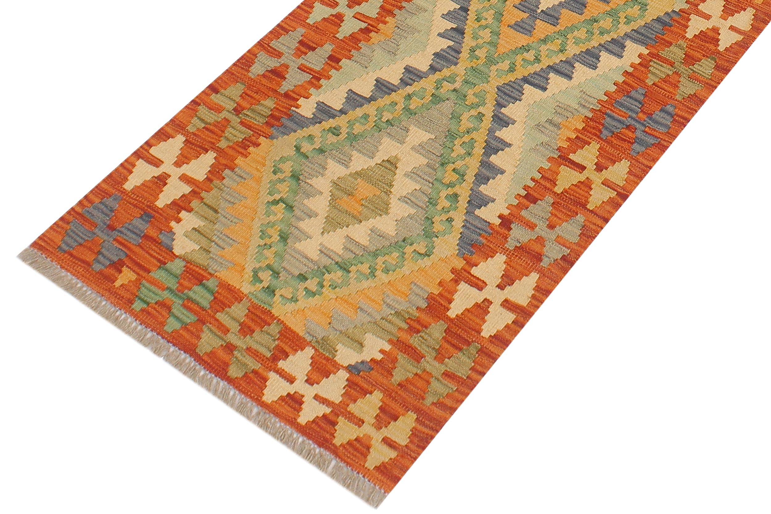 handmade Geometric Kilim Blue Rust Hand-Woven RUNNER 100% WOOL area rug 2' x 6'