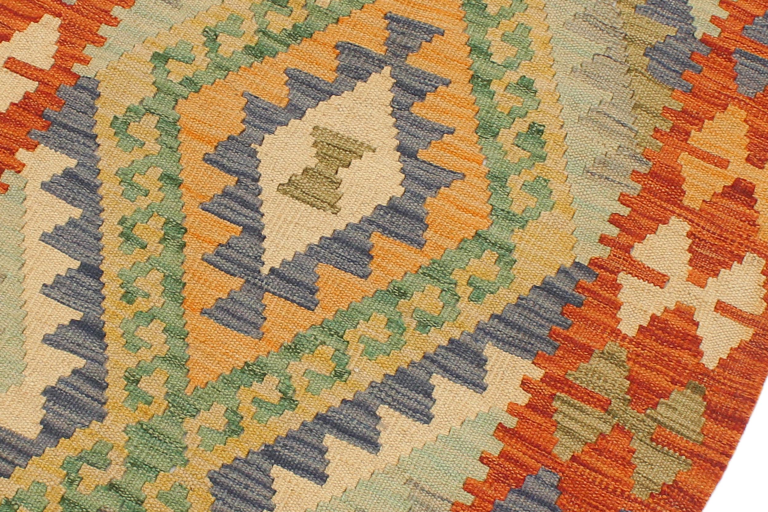 handmade Geometric Kilim Blue Rust Hand-Woven RUNNER 100% WOOL area rug 2' x 6'
