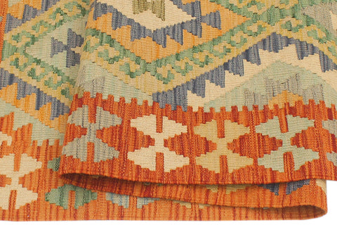 handmade Geometric Kilim Blue Rust Hand-Woven RUNNER 100% WOOL area rug 2' x 6'