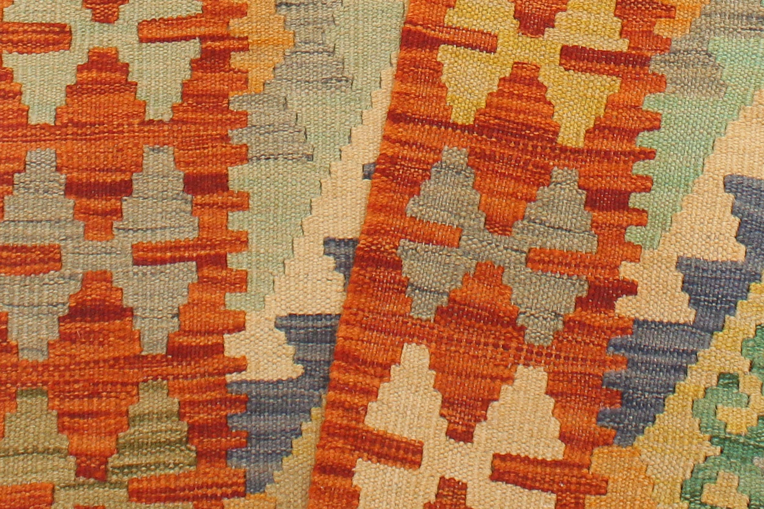 handmade Geometric Kilim Blue Rust Hand-Woven RUNNER 100% WOOL area rug 2' x 6'