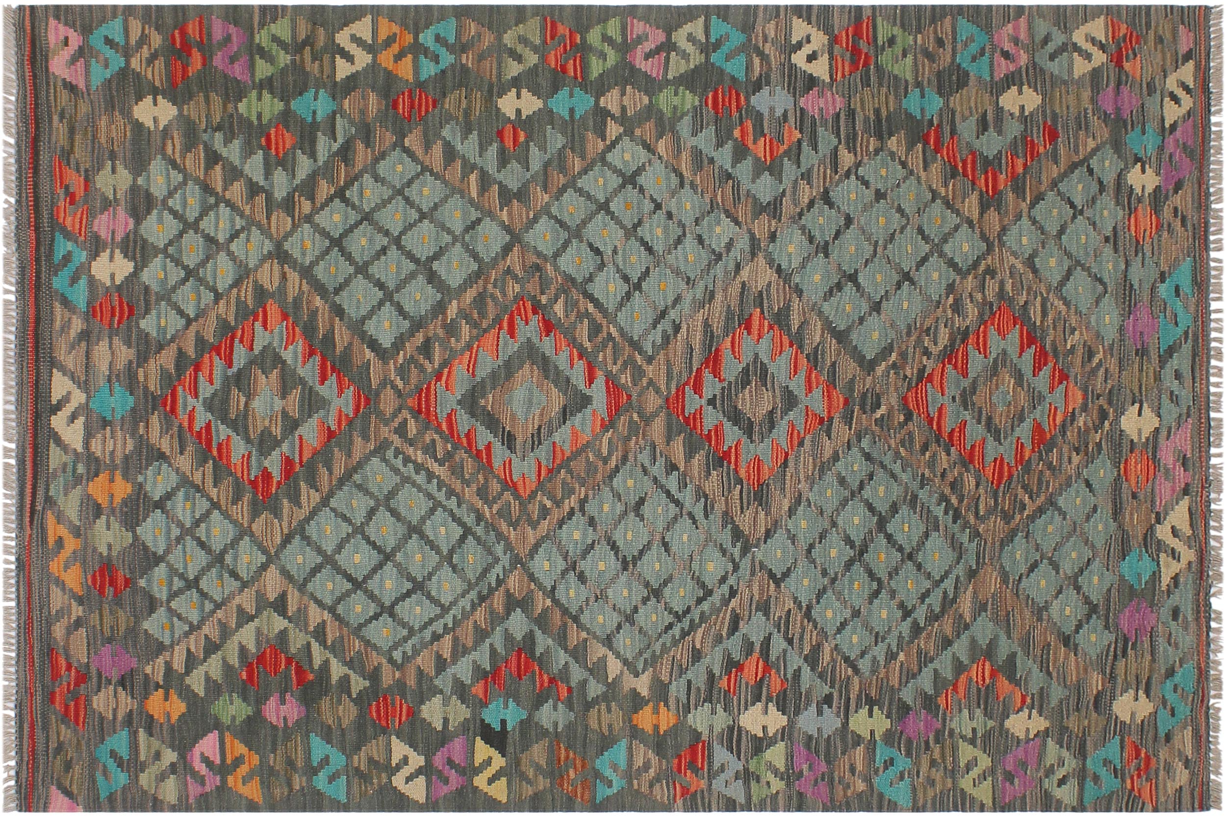 handmade Geometric Kilim Green Red Hand-Woven RECTANGLE 100% WOOL area rug 4' x 6'