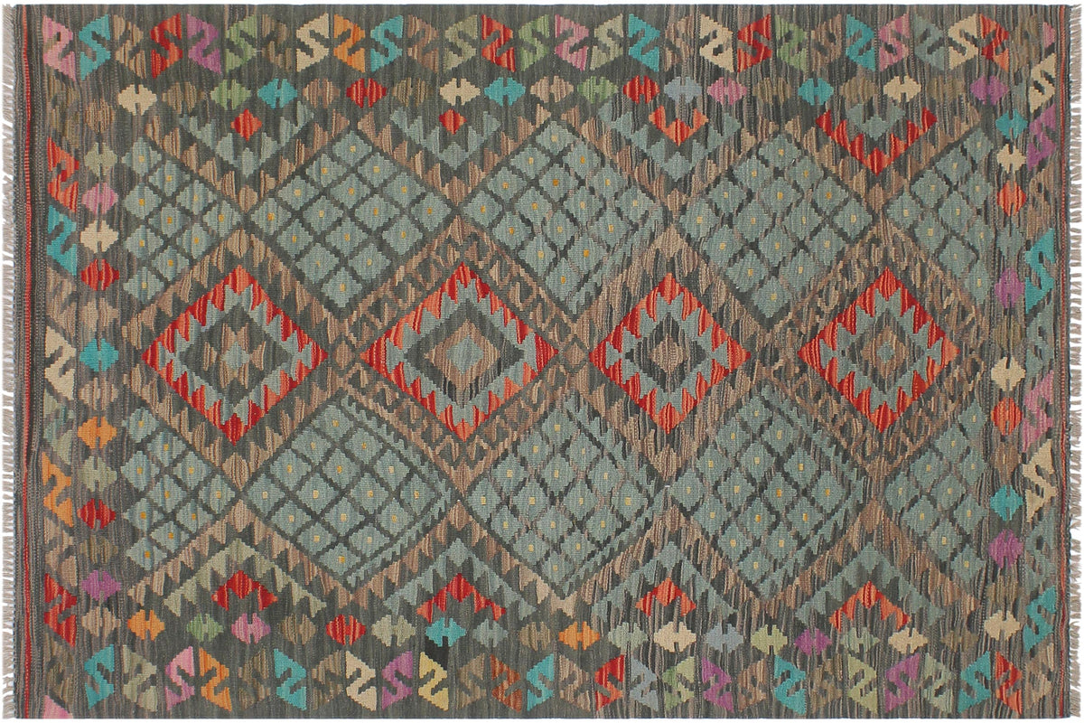 handmade Geometric Kilim Green Red Hand-Woven RECTANGLE 100% WOOL area rug 4' x 6'