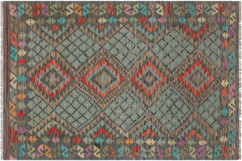 handmade Geometric Kilim Green Red Hand-Woven RECTANGLE 100% WOOL area rug 4' x 6'