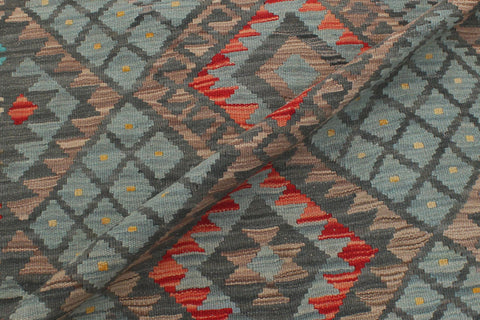 handmade Geometric Kilim Green Red Hand-Woven RECTANGLE 100% WOOL area rug 4' x 6'