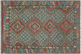 Flat Weave Kilim, Antique, Navaho, Vintage, Handmade, Geometric Kilim Green Red Hand-Woven Rectangle 100% Wool Area Rug 4 x 6