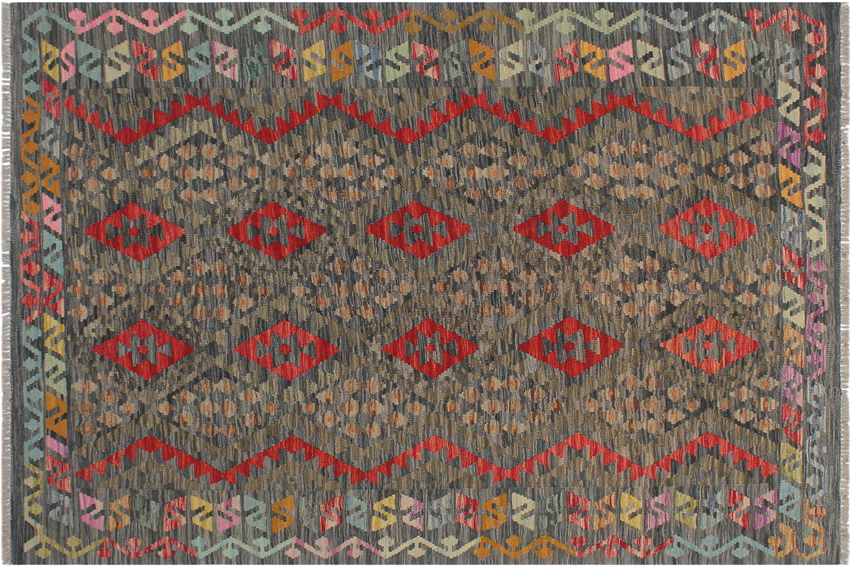 handmade Geometric Kilim Charcoal Red Hand-Woven RECTANGLE 100% WOOL area rug 5 x 7